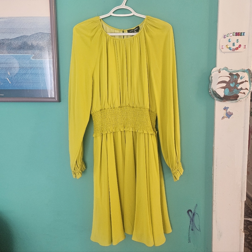 NWT kate spade Lime Green Long Sleeve Smocked-Waist Dress